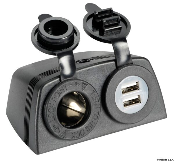 Lighter Socket + Double USB with Casing (Black)